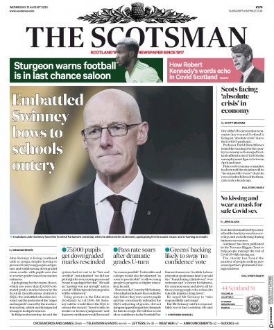 The Scotsman (UK) Newspaper Front Page for 12 August 2020