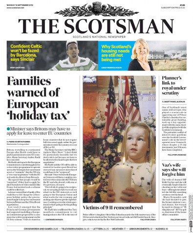 The Scotsman Newspaper Front Page for 12 September 2016