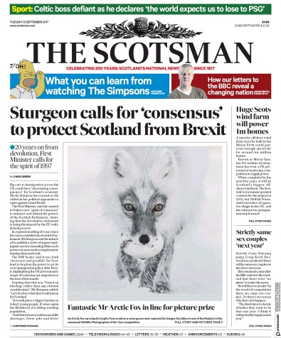 The Scotsman Newspaper Front Page for 12 September 2017