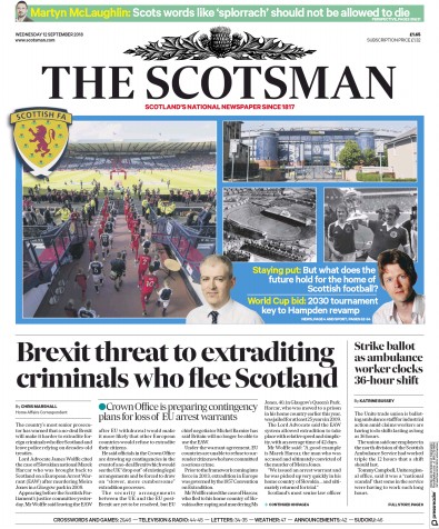The Scotsman Newspaper Front Page for 12 September 2018