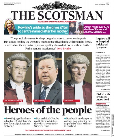 The Scotsman Newspaper Front Page for 12 September 2019