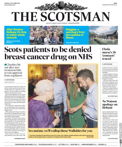 The Scotsman Newspaper Front Page for 13 October 2015