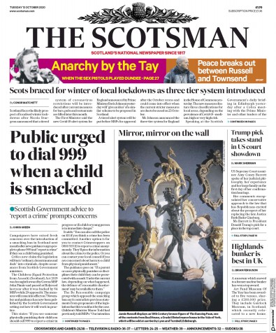 The Scotsman Newspaper Front Page for 13 October 2020