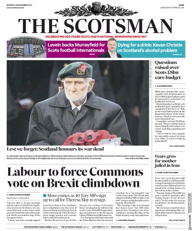 The Scotsman Newspaper Front Page for 13 November 2017