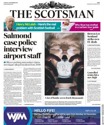 The Scotsman Newspaper Front Page for 13 November 2018