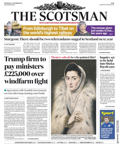 The Scotsman Newspaper Front Page for 13 November 2019