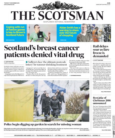 The Scotsman Newspaper Front Page for 13 December 2016