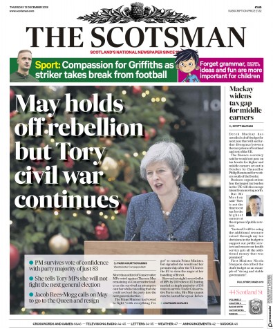The Scotsman Newspaper Front Page for 13 December 2018