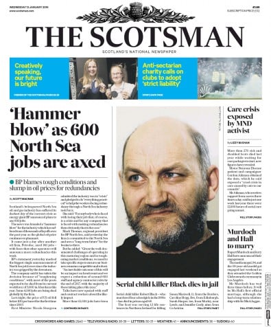 The Scotsman Newspaper Front Page for 13 January 2016