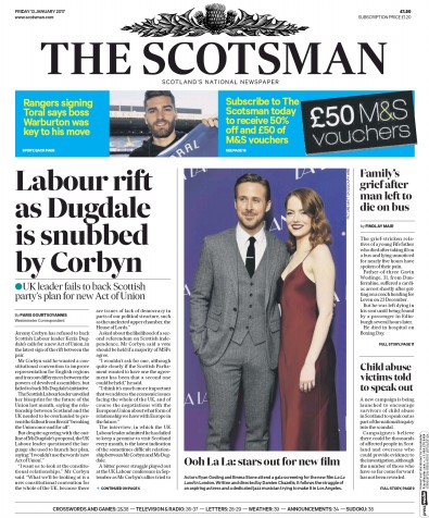 The Scotsman Newspaper Front Page for 13 January 2017