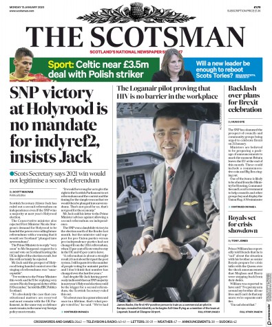 The Scotsman Newspaper Front Page for 13 January 2020