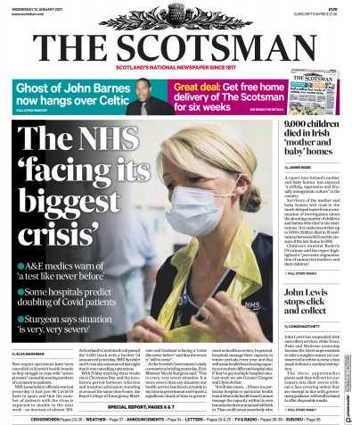 The Scotsman (UK) Newspaper Front Page for 13 January 2021