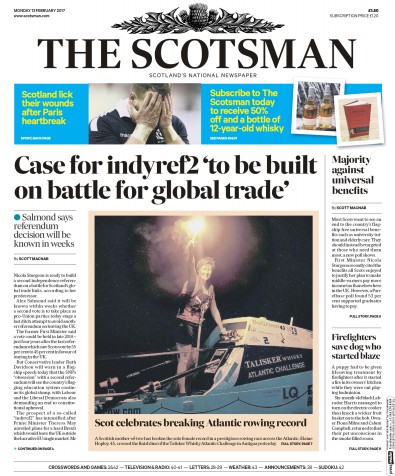 The Scotsman Newspaper Front Page for 13 February 2017