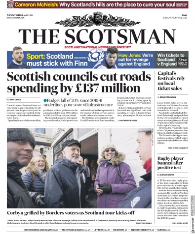 The Scotsman Newspaper Front Page for 13 February 2018