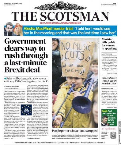 The Scotsman Newspaper Front Page for 13 February 2019