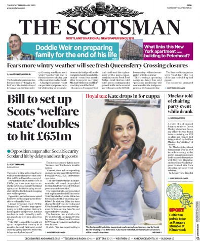 The Scotsman Newspaper Front Page for 13 February 2020