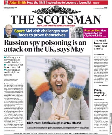 The Scotsman Newspaper Front Page for 13 March 2018