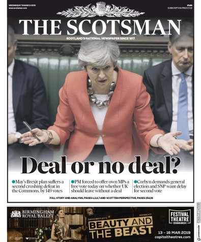 The Scotsman Newspaper Front Page for 13 March 2019