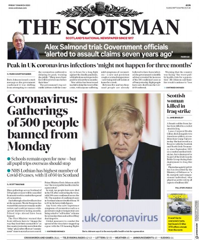 The Scotsman (UK) Newspaper Front Page for 13 March 2020