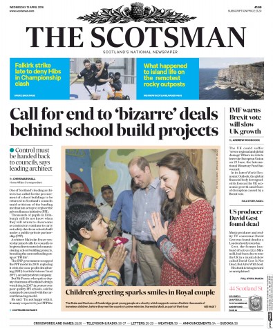The Scotsman Newspaper Front Page for 13 April 2016
