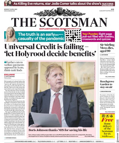 The Scotsman Newspaper Front Page for 13 April 2020
