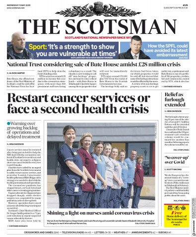 The Scotsman Newspaper Front Page for 13 May 2020
