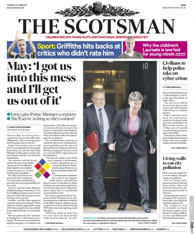 The Scotsman Newspaper Front Page for 13 June 2017