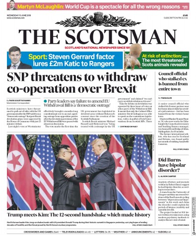 The Scotsman Newspaper Front Page for 13 June 2018