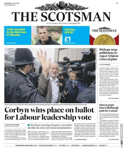 The Scotsman Newspaper Front Page for 13 July 2016