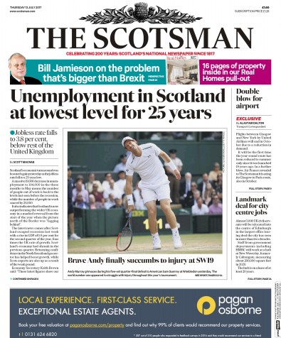 The Scotsman Newspaper Front Page for 13 July 2017