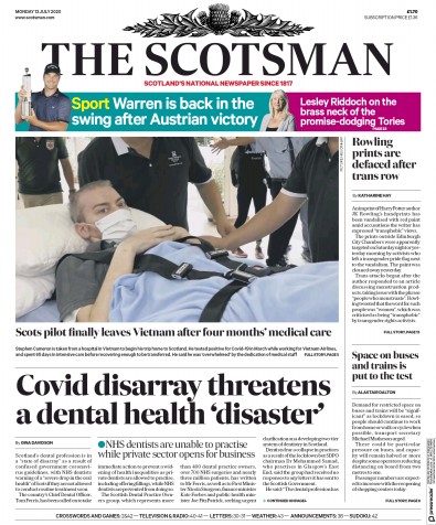 The Scotsman (UK) Newspaper Front Page for 13 July 2020