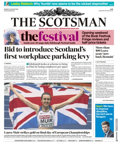 The Scotsman (UK) Newspaper Front Page for 13 August 2018