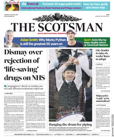 The Scotsman Newspaper Front Page for 13 August 2019