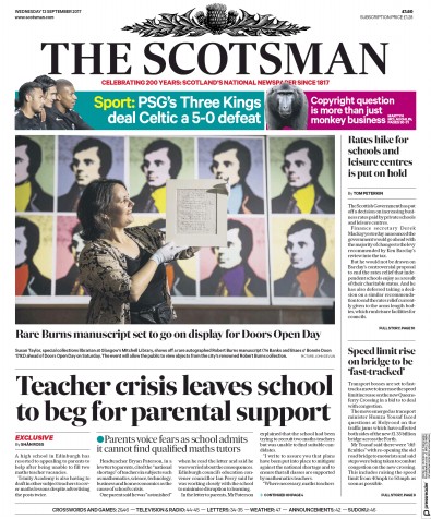 The Scotsman (UK) Newspaper Front Page for 13 September 2017