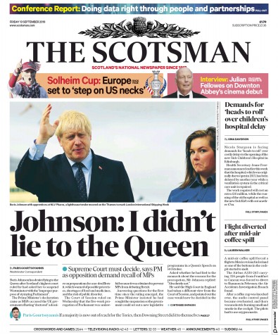 The Scotsman Newspaper Front Page for 13 September 2019