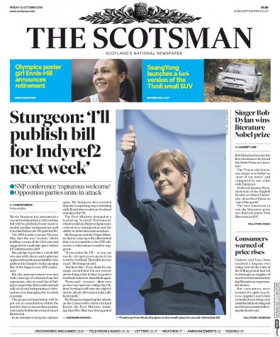The Scotsman Newspaper Front Page for 14 October 2016