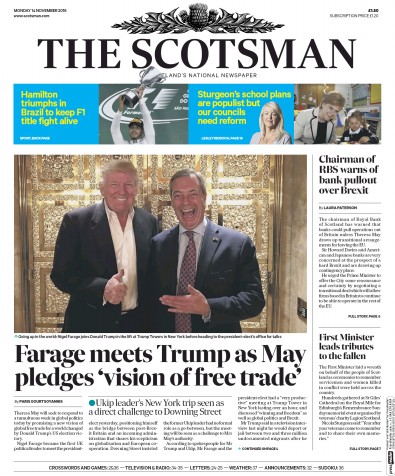 The Scotsman Newspaper Front Page for 14 November 2016