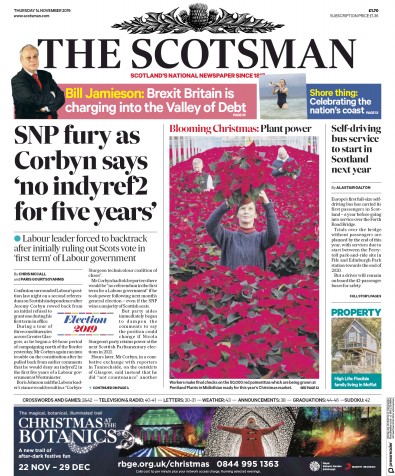 The Scotsman (UK) Newspaper Front Page for 14 November 2019