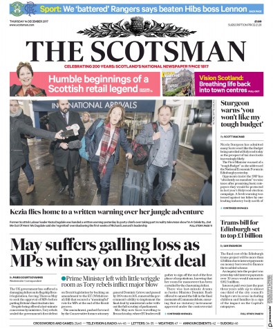 The Scotsman Newspaper Front Page for 14 December 2017