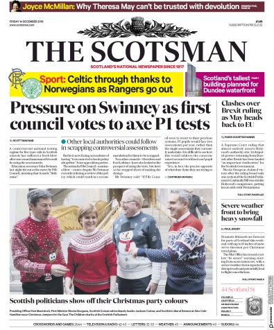 The Scotsman Newspaper Front Page for 14 December 2018