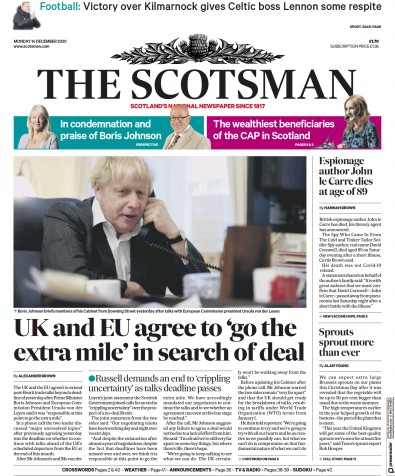 The Scotsman Newspaper Front Page for 14 December 2020