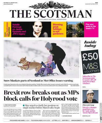 The Scotsman Newspaper Front Page for 14 January 2017