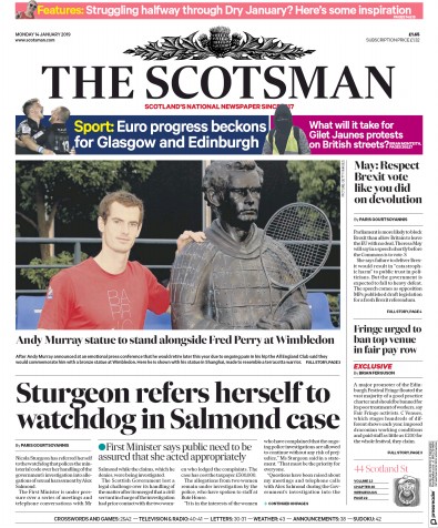 The Scotsman Newspaper Front Page for 14 January 2019