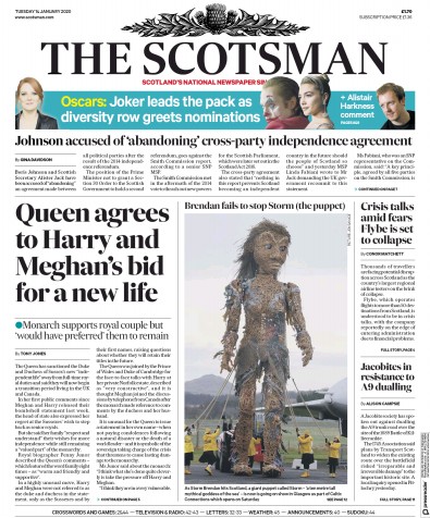 The Scotsman Newspaper Front Page for 14 January 2020