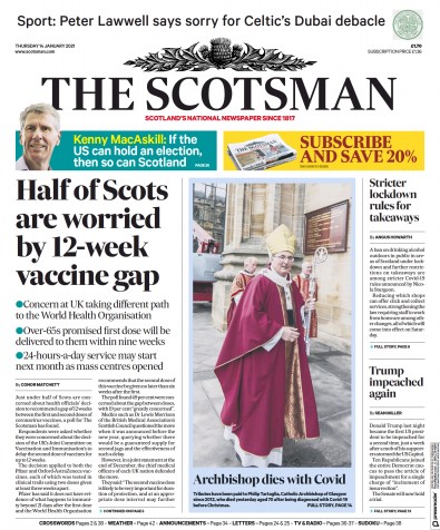 The Scotsman Newspaper Front Page for 14 January 2021