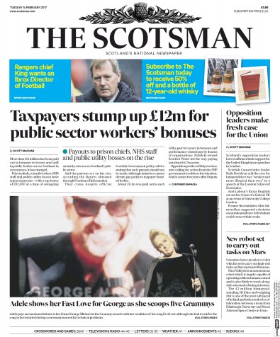 The Scotsman Newspaper Front Page for 14 February 2017
