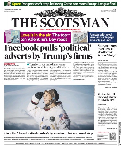 The Scotsman Newspaper Front Page for 14 February 2019