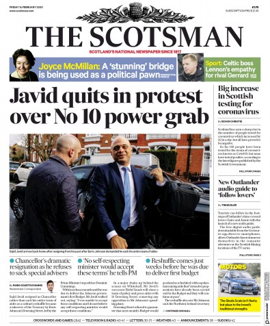 The Scotsman Newspaper Front Page for 14 February 2020