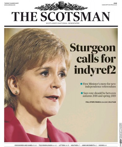 The Scotsman Newspaper Front Page for 14 March 2017