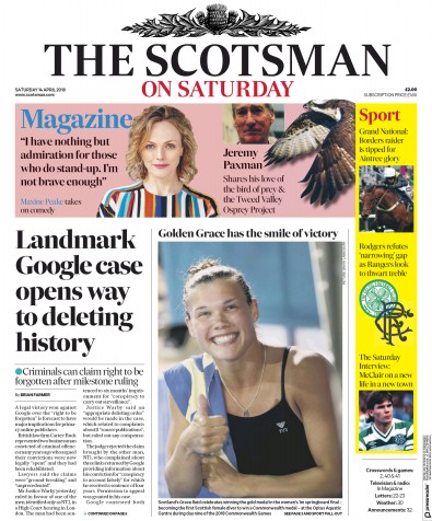The Scotsman Newspaper Front Page for 14 April 2018